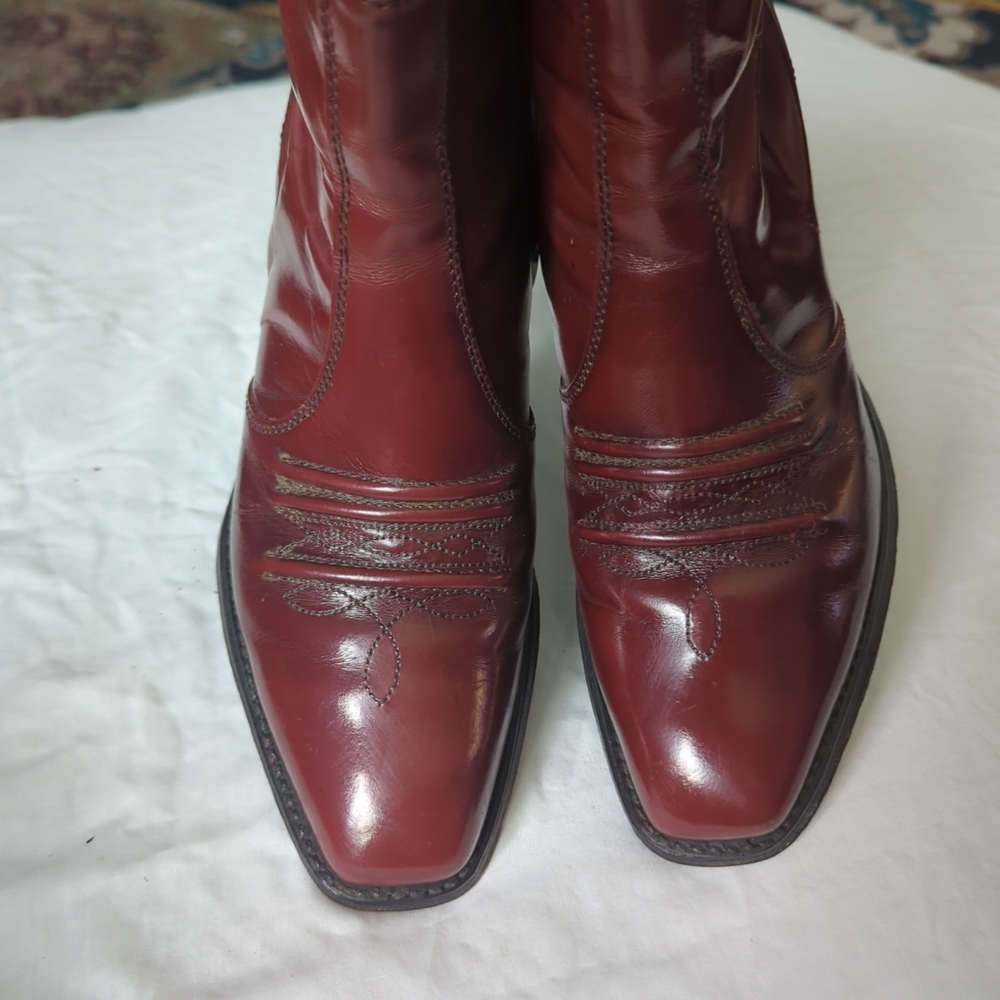 Men’s 1970’s Sears Rusty Brown Leather Western Side Zip Square Toe Heeled Boot - Picture 4 of 12